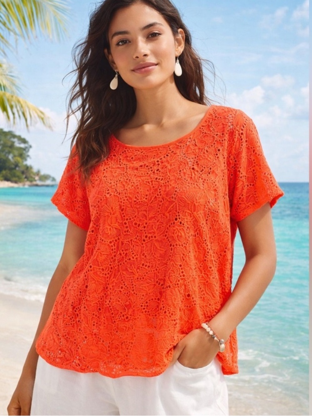 Anthropologie Maeve Orange Crochet Lace beaded Short Sleeve Tee sz 4